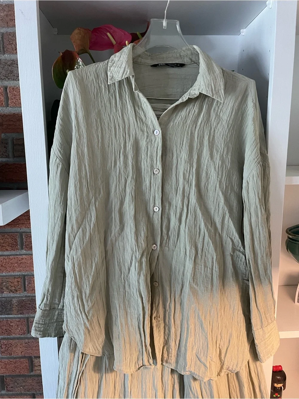 Zara Light Sage Crinkled Wide-Leg Jumpsuit Set